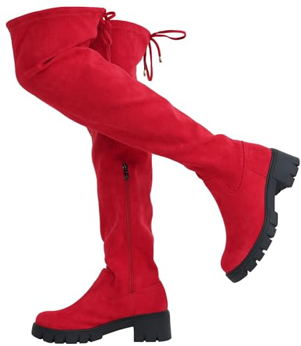 Jeossy Women's 990 Over The Knee High Boots Red Platform Thigh High Round Toe Long Boots Size 7(DJY990 red 07)