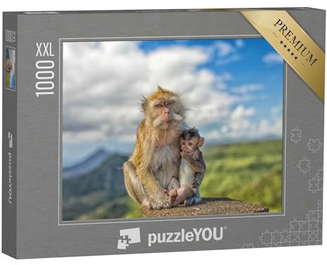 Puzzle 1000 Teile XXL „Niedliches Makakenäffchen mit Affenmutter, Mauritius“ – aus der Puzzle-Kollektion Affen, Tiere in Dschungel & Regenwald