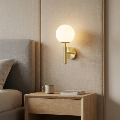 Alpinaluz Applique Murale Grande Ø150mm DORA avec Bras Pivotant Doré Vintage Industriel, Abat-Jour Boule en Verre Blanc Lait, Style Minimaliste Moderne, Idéal Chambre, Escalier et Salle à Manger
