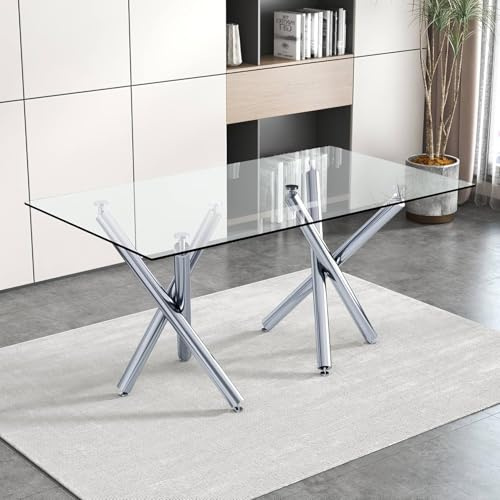 Ebullient 71“ Glass Dining Table,Dining Room Table for 6-8，Large Size Kitchen and Dining Room Table with Tempered Glass top and Silver Metal Legs, Modern Rectangular Dining Table