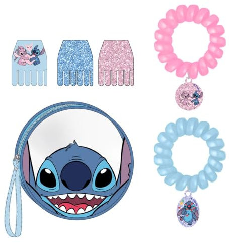 Set de Belleza de Stitch-Incluye un Bolsito, 3 Pinzas para el pelo y 2 Pulseras-Multicolor-Ideal para sorprender a tus peques-Clip con Stitch y Angel