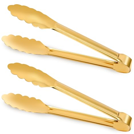 2 Stück Küchenzange Gold, 9.5 Inches Goldene Grillzange Rutschfest Kochzange Spülmaschinengeeignet Klein Fleischzange für Grillen, Kochen, Candybar, Hochzeit Party, Bar, Büfett