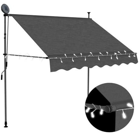 Iiaky Tenda da Sole Retrattile Manuale con LED 150 cm Antracite,Tenda da Sole per Esterno Avvolgibile,Tenda da Sole a Bracci Estensibili con Telaio in Alluminio,Tettuccio Resistente al Sole e Impermea