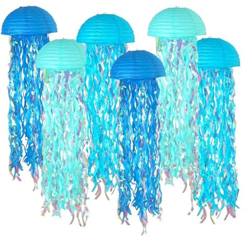 Peosaard Quallenpapier -Laternen, 6 -propcs Hanging Jelly Fish, wiederverwendbares blaues Ozean unter den Dekorationen des Meeresfeierns für Klassenzimmer Fenstertür Garden Courtyard Festival - 10x31