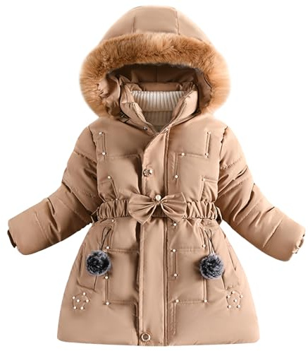 Maeau - Enfant Fille Manteau en Duvet à Capuche Détachable Hiver Veste Mi-longue Chaude Parka Matelassée Doudoune Rembourré Coupe-Vent avec Ceinture - Kaki - 4-5 Ans