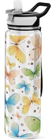 Mnsruu Transparente Sport-Wasserflasche mit Strohhalm, auslaufsichere Trinkflasche, bunte Schmetterlinge, Fahrradflaschen für Sport, Büro, Schule, BPA-freier Tritan-Kunststoff, 1 Liter