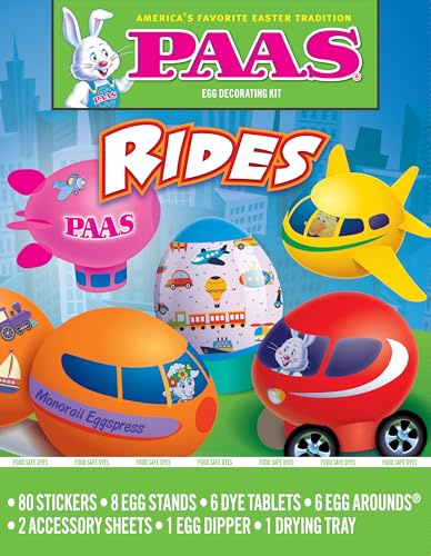 PAAS Rides Decorating Kit – Fun & Easy Egg Dying for the Whole Family with 80 Stickers, 6 Dye Tablets, and 6 Egg Arounds