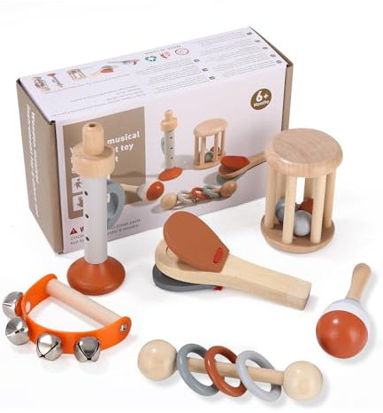 Zhufas Strumenti Musicali per Bambini - 6 PCS Tambourine Percussioni in Legno Montessori, Giocattoli Musicali Educativi Interattivo, Regali Di Natale