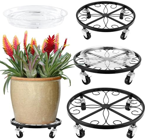 4 Pack Plant Caddy with Wheels Heavy Duty 11/12/12.6/13.5 Inches Metal Plant Stand with Raised Edge Plant Dolly Rolling Plant Stand Plant Roller with Casters for Indoor and Outdoor