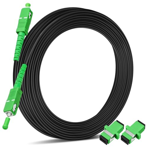 Tellegloww 100ft/30m SC/APC Fiber Optic Internet Cable OS2 Single Mode Outdoor Armored SC/APC Fiber Optic Cable SC to SC Jumper SIMPLEX Patch Cord ATT & Connector with 2 Couplers, LSZH Black