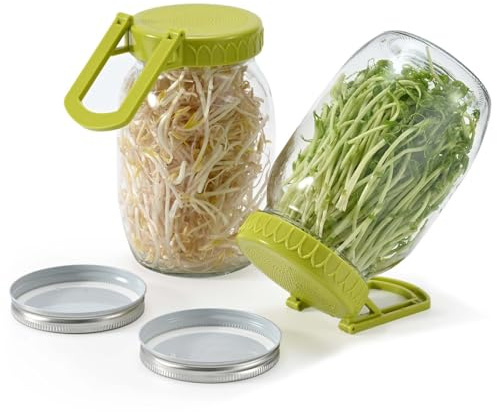 Happyiren Complete Sprouting Kit - 2 Large Wide-Mouth Mason Jars 32 Oz, 2 Foldalbe Screen Lids with Draining Stand, 2 Metal Canning Lids, Bean Sprouts Grow Kit for Broccoli alfalfa