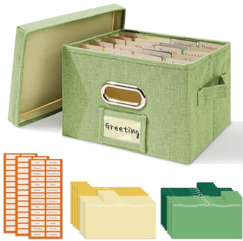 Vienrose Greeting Card Storage Box with 20 Adjustable Dividers, Holds 150 Cards, Fabric Foldable Organizer for Christmas & Birthday Cards, Photos and Keepsakes, Home Storage Box, 1 Pack