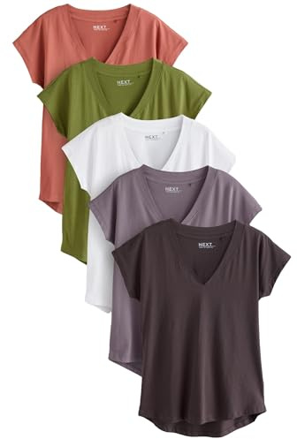 NEXT Mujeres Pack de 5 Camisetas de Manga Japonesa con Cuello en Pico 100% algodón White/Grey/Khaki/Rust/Brown XL