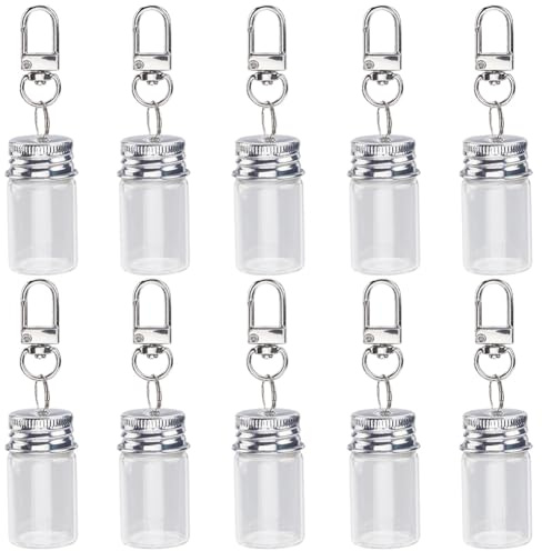 SUNNYCLUE 1 boîte de 10 mini Bouteilles en Verre Porte Clés Message dans une Bouteille Porte Clés Flacons Vides en Alliage en Vrac Bocaux avec Fermoirs en Fer Platine et Porte Clés en Liège pour L'Art