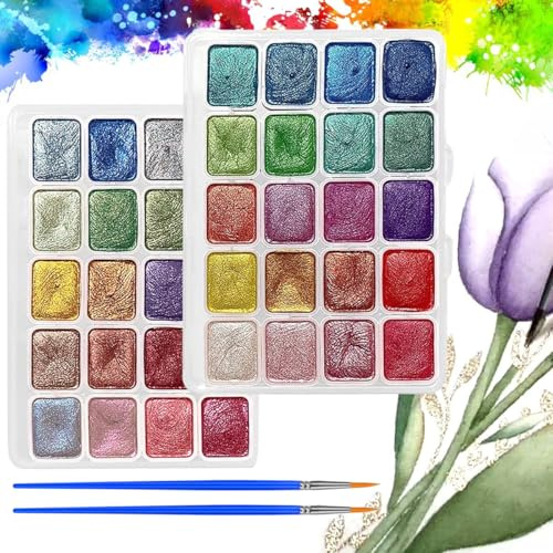 Barlone 20 Farben Metallic Aquarellfarben Set, 2 Stück Aquarell Watercolor Set, Metallic Wasserfarben, Solid Glitzer Aquarellfarben, Löslich und Mischbar, für Kinder, Anfänger und Profis