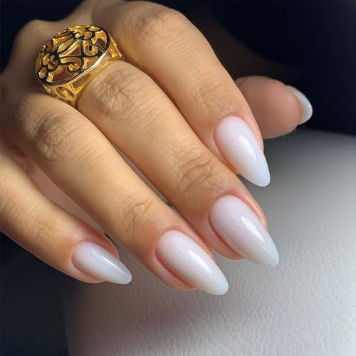 Yamobi 24pcs Mandel Press On NäGel, Milchweiß, Kurz, Wiederverwendbar,Nagelkleber Almond Press On Nails,Adhesive Tabs, Mini Nagelfeile, Nagelkit,Geschenk FüR Frauen Und MäDchen