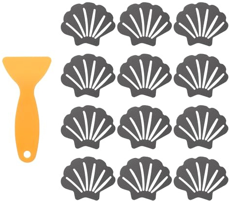 sourcing map 12Pcs Non-Slip Bathtub Stickers, 9x7 cm Shell Shape Shower Floor Non Slip Stickers with Scraper for Bathroom Shower Stairs Ladders, Gray