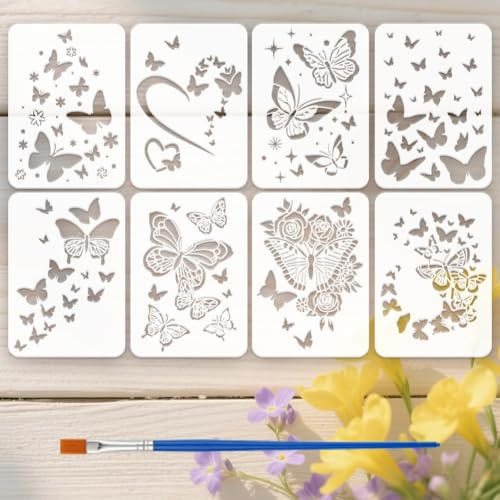 FINGERINSPIRE 8 Stück Malschablone Mit Fliegenden Schmetterlingen Und Pinsel 21x29.7cm Schmetterlingsmuster Zeichenvorlage Schmetterlingssilhouetten DIY Schablone Zum Malen Auf Wänden Stoffen Möbeln