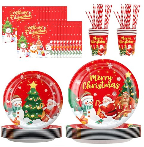 Set di Stoviglie di Natale 80 Pezzi per 16 Persone - Piatti, Bicchieri, Tovaglioli e Cannucce in Cartone - Decorazione Tavola per Cenone, Festa Bambini e Merenda d'Avvento