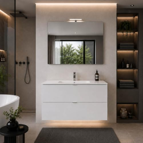 Yellowshop | Mobile Bagno Sospeso Andrè con Lavabo in MineralMarmo integrato e Specchio – Made in Italy moderno, Finitura Bianco Laccato Lucido 90 cm