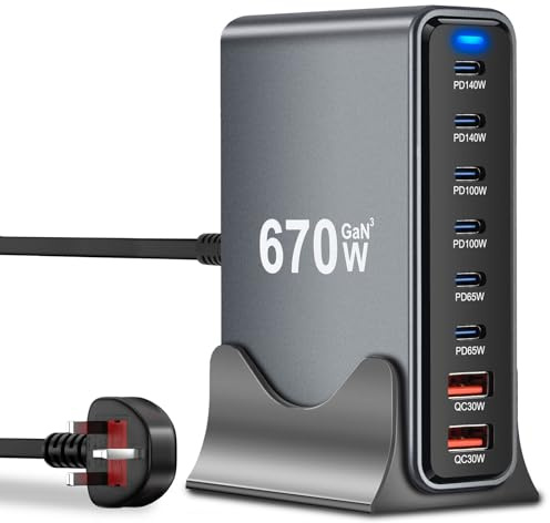 670W USB C Charger Station, 8 Ports GaN III Safe USB C Charging Station, Multi Port Fast Charger Power Adapter with PD 140W Laptop Charger, Compatible with MacBook Pro/Air, i-Phone, i-Pad, Galaxy