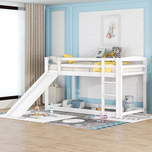 SACOOL Letto a castello, 90 x 200 cm, per bambini e ragazzi, con scivolo, telaio in legno massiccio, montaggio semplice, bianco