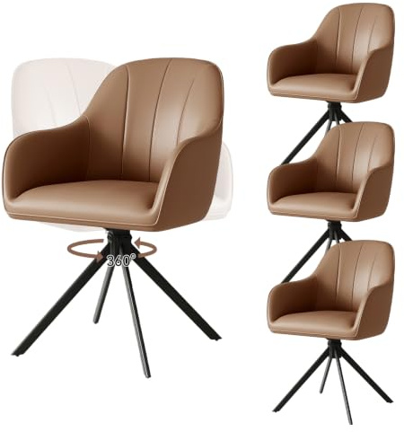 Hawthyhome Esszimmerstühle Drehbar 4er Set 5cm Sitzkissen PU Leder/Braun | Stühle Esszimmer mit Armlehne,Polsterstuhl mit Metallbeinen,Moderner Küchenstuhl für Esszimmer,Wohnzimmer,Büro