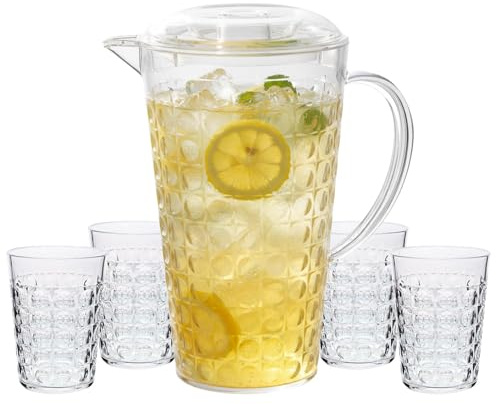 UNIQUE HOME LIVING Clear Acrylic Pitcher 2 Litre Water Jug with Lid, BPA-Free, Juice Jugs with 4 Cups Set for Iced Tea, Lemonade, Cocktails, Cold Beverage Carafe for Fridge - Orbela Design
