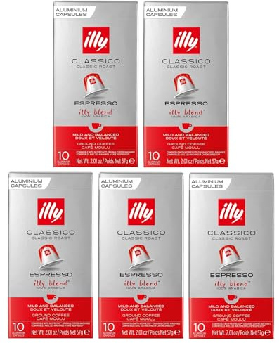 illy Nespresso Compatible Classico Aluminium Coffee Capsules - (Pack of 5, Total 50 Pods) - 100% Arabica Coffee