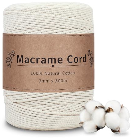 DOBIGER Hilo de Macramé Beige 3mm x 300m - Cuerda de Algodón 100% Natural para Tapices, Plantas Colgantes y Decoración Boho | Extra Suave, Lavable y para Principiantes