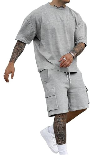 QUNERY Conjunto de Verano Hombre 2 Piezas Chándal Ropa de Calle de Verano Conjunto de Chandal Informal con Camiseta de Manga Corta y Pantalones Cortos Cargo