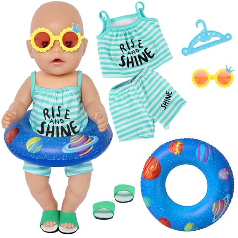 Atomvia 6-Teiliges Puppenkleidung 35–43 cm Sommer Set, Blau Weiß Gestreiftes Puppen Outfit mit Blauen Sandalen, Gelber Sonnenbrille, Blauem Schwimmring und Kleiderbügel