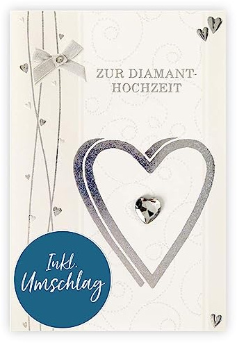 bsb Karte Diamantene Hochzeit - Glückwunschkarte 60. Hochzeitstag mit Silberherz-Motiv - Geschenke zur Diamanthochzeit - Karte Hochzeit in 11,5 x 17,0 cm