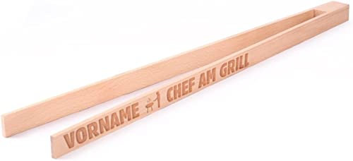 Cera & Toys® Grillzange mit Gratis Gravur des Namens - verschiedene Motive - aus 100% Naturholz Chef am Grill