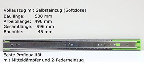 Schubladenschienen Schubladenauszüge Teleskopauszüge Selbsteinzug Dämpfer Vollauszug Softclose Längen in mm 250,300,350,400,450,500,550,600,650,700 Höhe 45mm 1-8 Paare Länge 500mm, 1 Paar=2 Stück