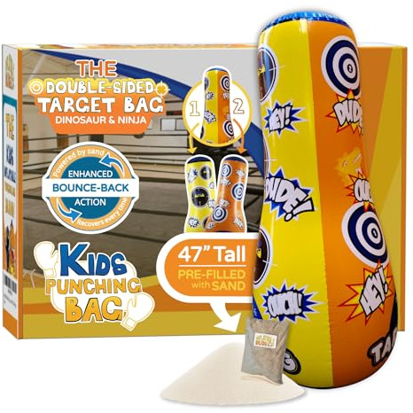 INFLATABLE DUDES Target Bag - Double-Sided - Ninja Dinosaur 47 Inches - Kids Punching Bag | Already Filled with Sand| Bop Bag | Inflatable Bopper | Boxing | Punching Bag for Kids- (Rex and Nobi)