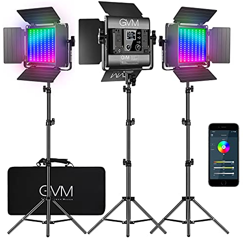 GVM RGB Videolicht Panel mit Stativ Set, 3er Pack 3200K-5600K 800D LED Studiolicht, APP-Steuerung Fotografie Dauerlicht 18 Lichteffekt für Video YouTube Konferenzlicht Streaming Film, CRI97+