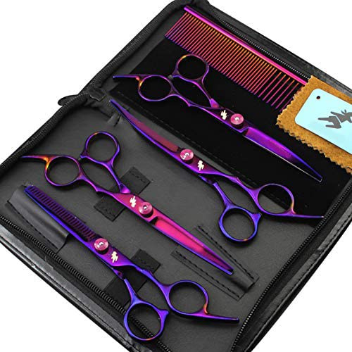 Kit de aseo para mascotas, 5 piezas, con tijeras de acero inoxidable de 6 pulgadas, tijeras de adelgazamiento y curvas, peine de aseo