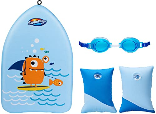 SwimWays Value pack, Fish Face Guppy Goggles ,Soft Swimmies, and Sea Monster Kick Trainer, Learn to Swim Kickboard