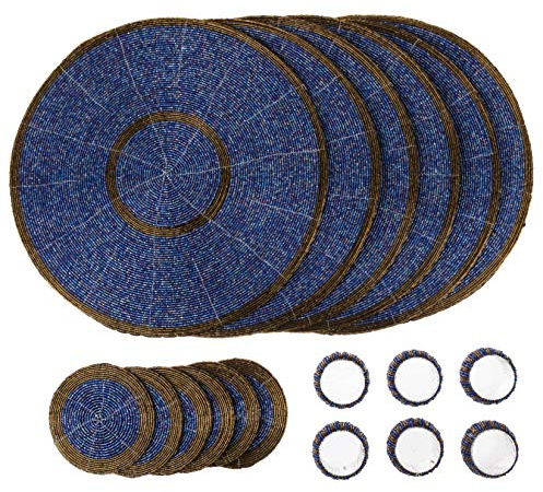 Penguin Home Handcrafted Glass Beaded Round Placemats, Coasters & Napkin Rings Set of 18 - Handmade Table Place Mats for Dining - 32 cm (13) Diameter (Blue and Antique)