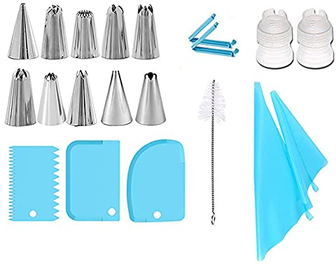 Lot de 20 poches à douille et douilles, avec 2 poches à douille en silicone et 10 douilles, 2 coupleurs, 3 grattoirs en plastique et plus d'accessoires pour gâteaux