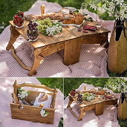 2-in-1 Folding Picnic Basket Table, Collapsible Picnic Table with Wine Glass Holder, Outdoor Portable Wooden Table, Convertible Storage Wooden Basket, Suitable for Picnic Outdoor