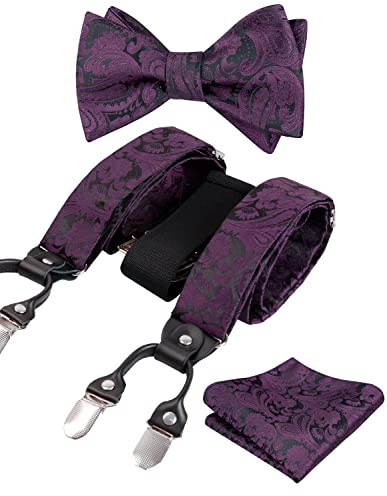 Alizeal Herren verstellbare Blumen Paisley selbst gebundene Fliege, Einstecktuch und elastische Y-Form 6 Clips Hosenträger Set