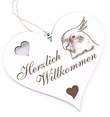 Herzlich Willkommen Schild - Nymphensittich - Deko Herz Holz Willkommensschild Türschild Dekoschild Türdeko