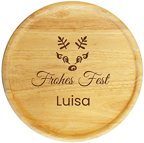 Sterngraf Weihnachts-Teller 32 cm mit Gravur (Namen) personalisierter Servierteller/Pizza-Teller - Geschenkidee zu Weihnachten aus Holz, Rentier Motiv S3
