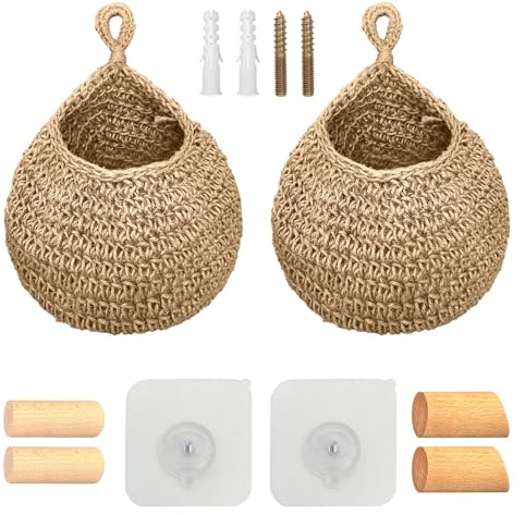 Jute Onion Basket Hanging for Pantry with Wooden hook, Potato Garlic Onion Pantry Storage Baskets, Potato Holder Hanging Wall Vegetable Baskets for Succulent Wall Decor (Large)