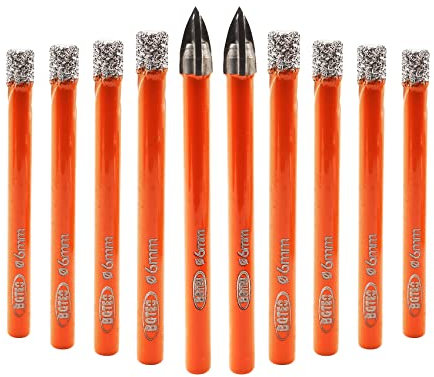BGTEC Diamant Trockenbohrer Fliesenbohrer - 8 Stück 6mm Fliesenbohrer und 2 Stück 6mm Hartmetallbohrer für Granit, Marmor, Porzellan, Keramik