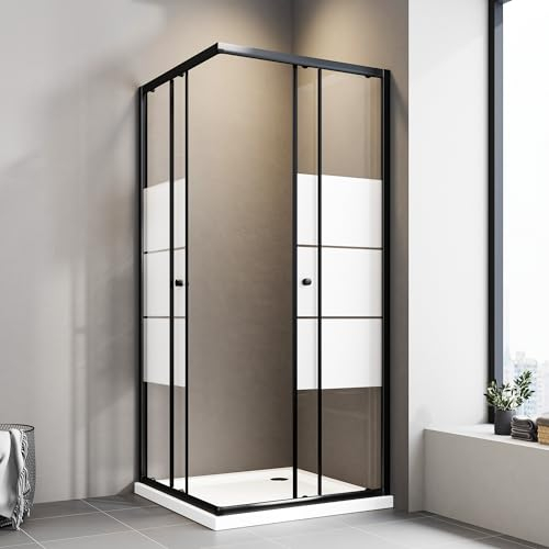 Duschkabine Schwarz Duschkabine 80 x 80 cm Milchglas Eckeinstieg Doppel Schiebetür Duschkabine Eckeinstieg 6mm ESG Milchglas Streifen Duschabtrennung Duschwand Höhe 185 cm