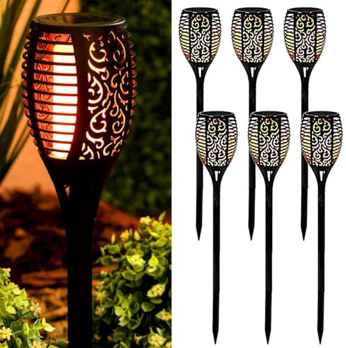 Lumiled Gartenfackel Solar 6er Set Solarleuchten 50cm LEDs mit Erdspieß Flamme IP44 Wetterfest Garten Solarleuchte Fackel Lichter LED Gartenlampe Flamme Solarlampe Flammenlicht Solarfackel 6 Stück