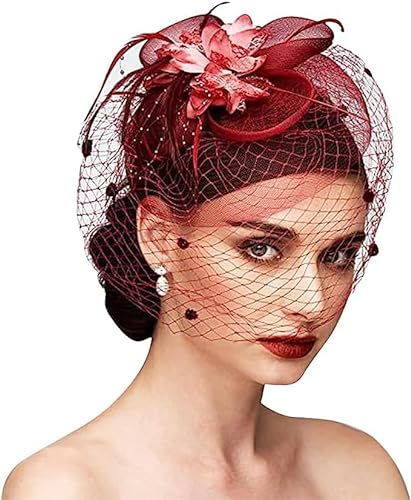 Pillbox Hut Damen Mesh Kopfschmuck mit Blumen Feder Haarschmuck Organza Clip Fascinator Hut Vintage 50er Hochzeitshut Elegant Haarspange Brautschmuck für Mädchen Cocktail Tee Party Kirche Weinrot